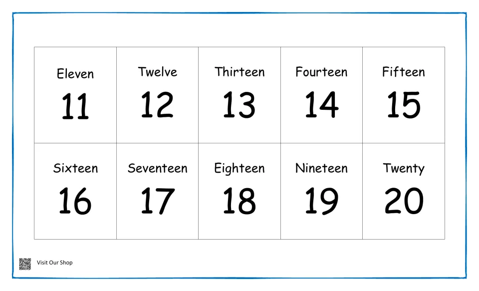 Teen numbers and twenty: numerals 11 to 20 each labeled with its number word, Eleven through Twenty, for matching