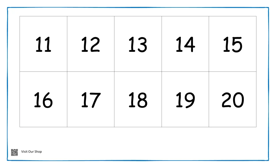 Numerals 11 to 20 without number words, for students to match teen numbers and twenty to their words while counting