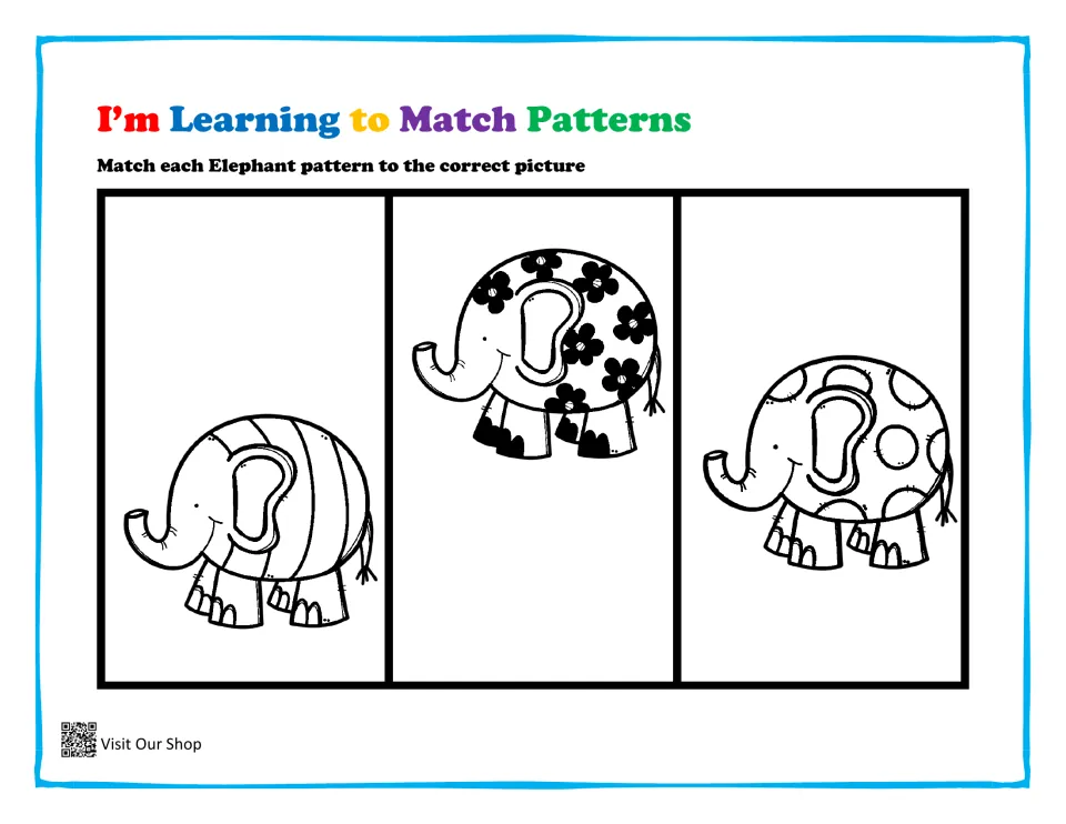 Elephant pattern matching: students match striped, flowered and spotted black-and-white elephants to the correct picture