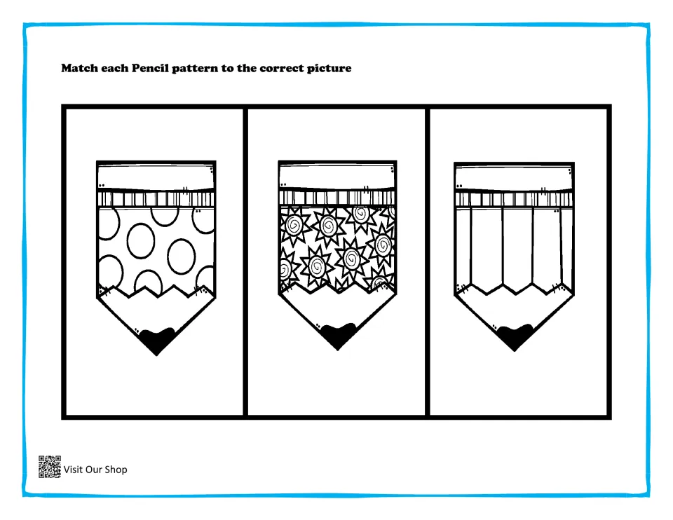 Pencil pattern matching: students match pencils with circles, suns and stripes to the correct colored picture card