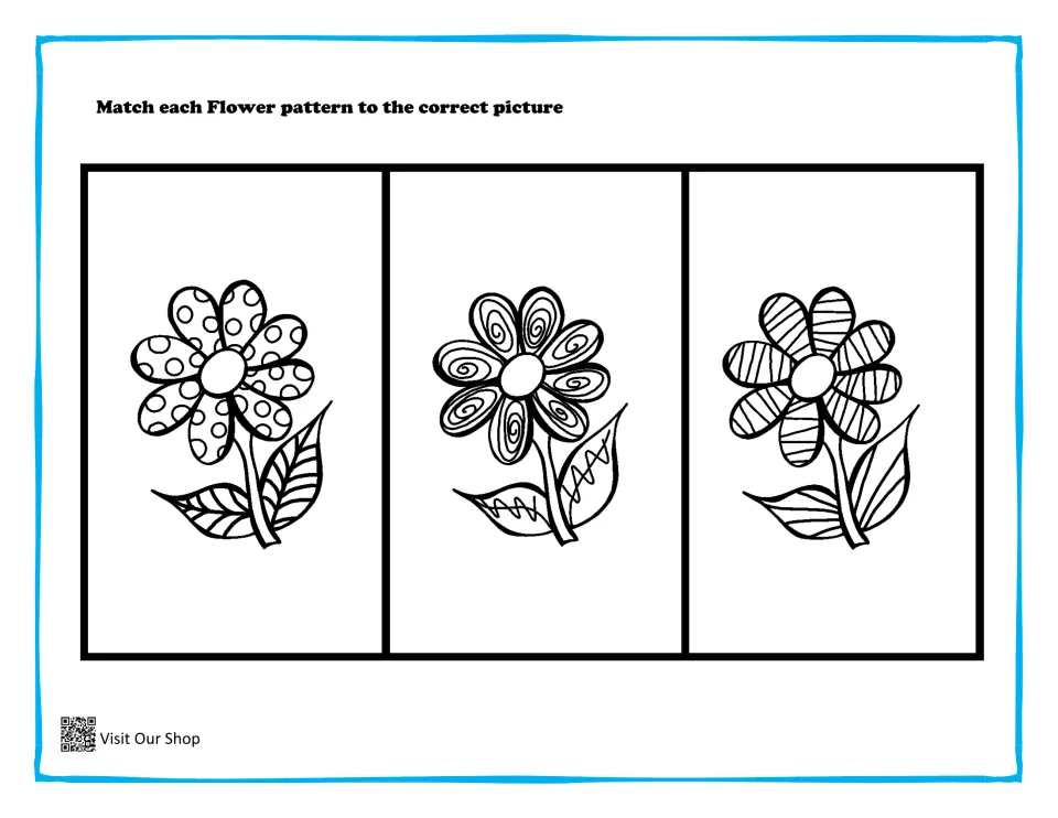 Flower pattern matching: students match flowers with dotted, swirled and striped petals to the correct picture card
