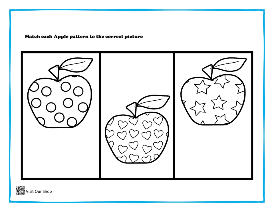Apple pattern matching: students match apples covered in circles, hearts and stars to the correct picture card