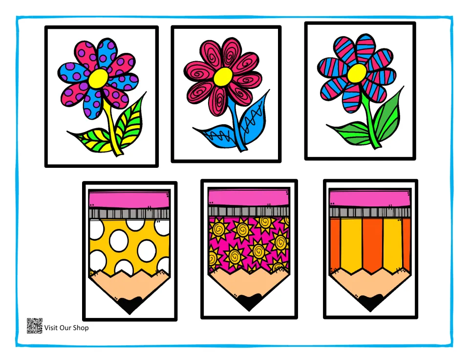 Color picture cards for matching: three patterned flowers and three pencils with dots, suns and stripes to place on mats