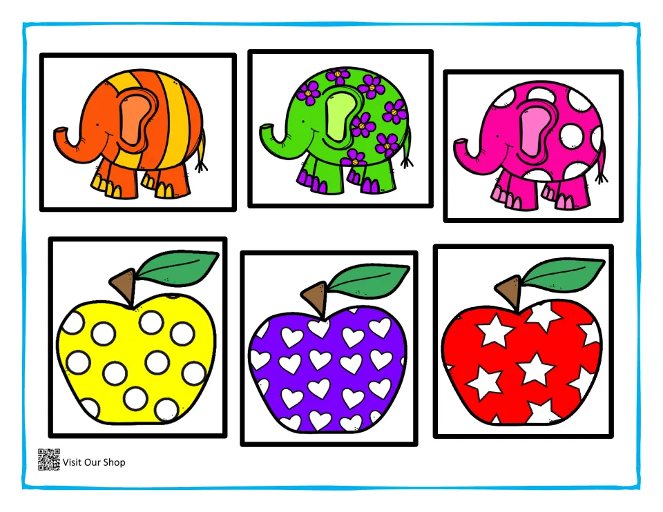 Color picture cards for matching: striped, flowered and spotted elephants plus apples with dots, hearts and stars