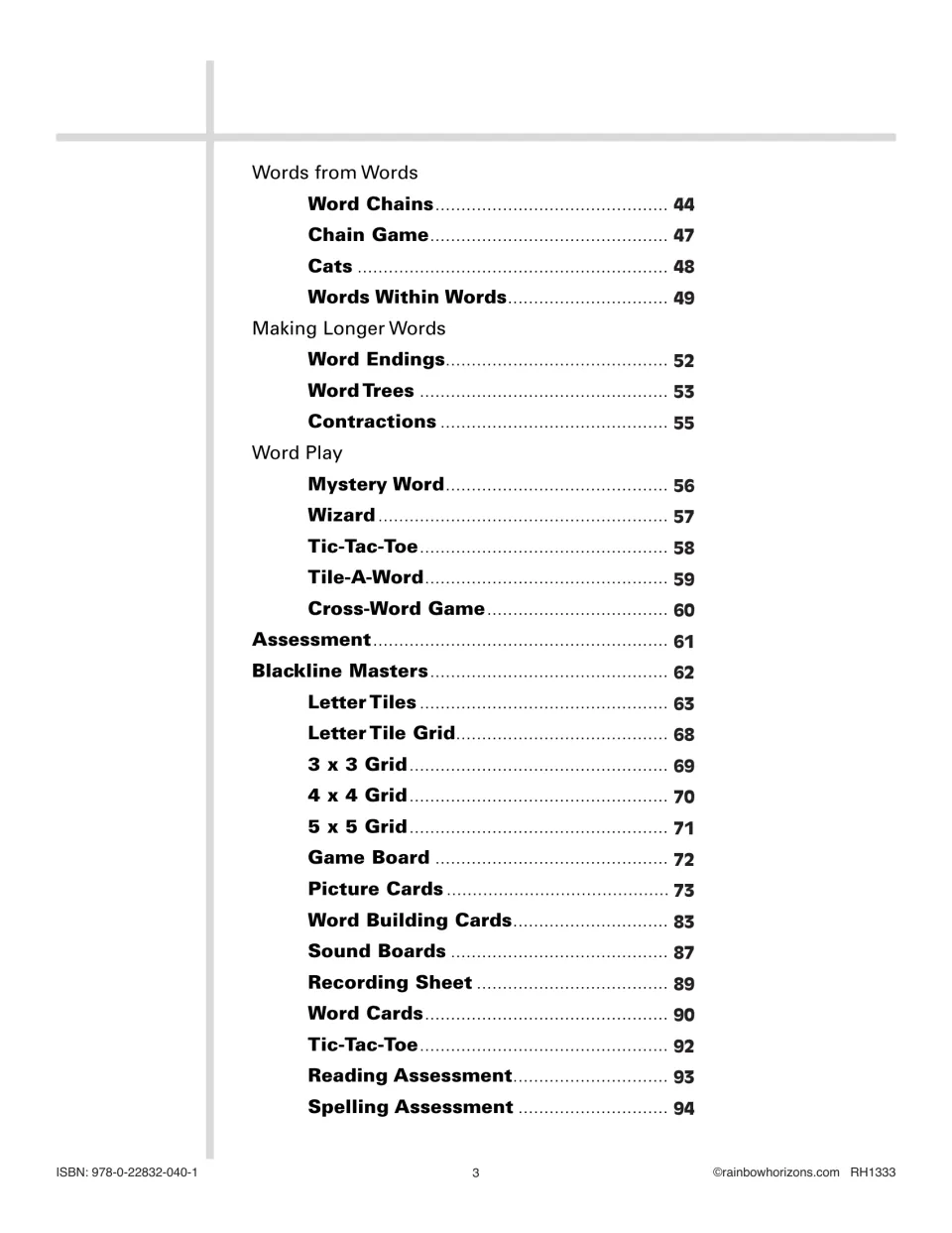 Contents, part 2: Words from Words, Making Longer Words, Word Play, assessments and blackline masters like tiles and grids