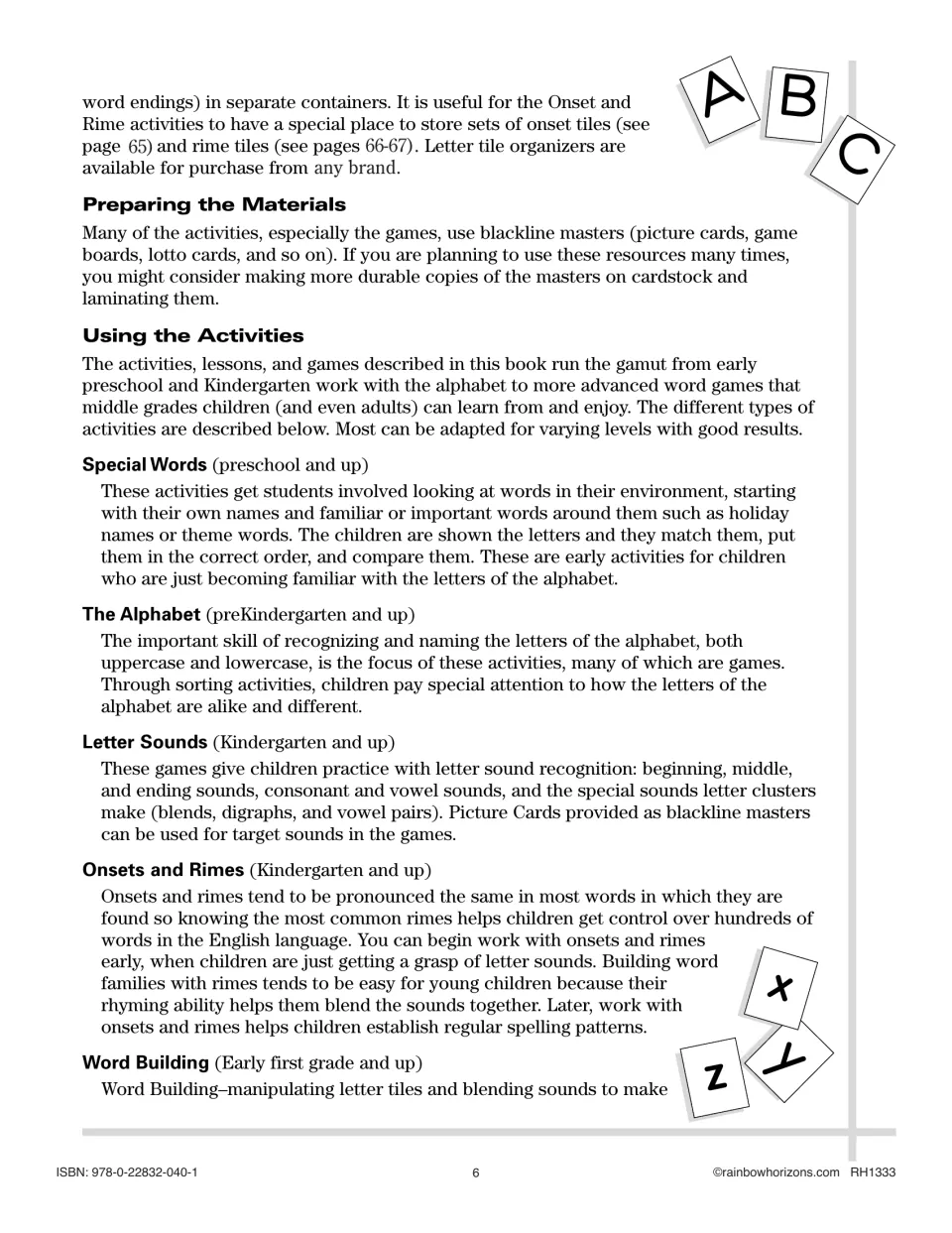 Teaching notes on preparing materials and using the activities, outlining Special Words, Alphabet, Letter Sounds sections
