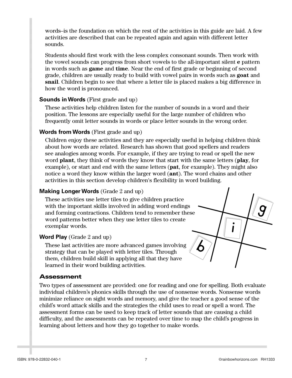 Overview of Sounds in Words, Words from Words, Making Longer Words and Word Play, plus nonsense-word assessments
