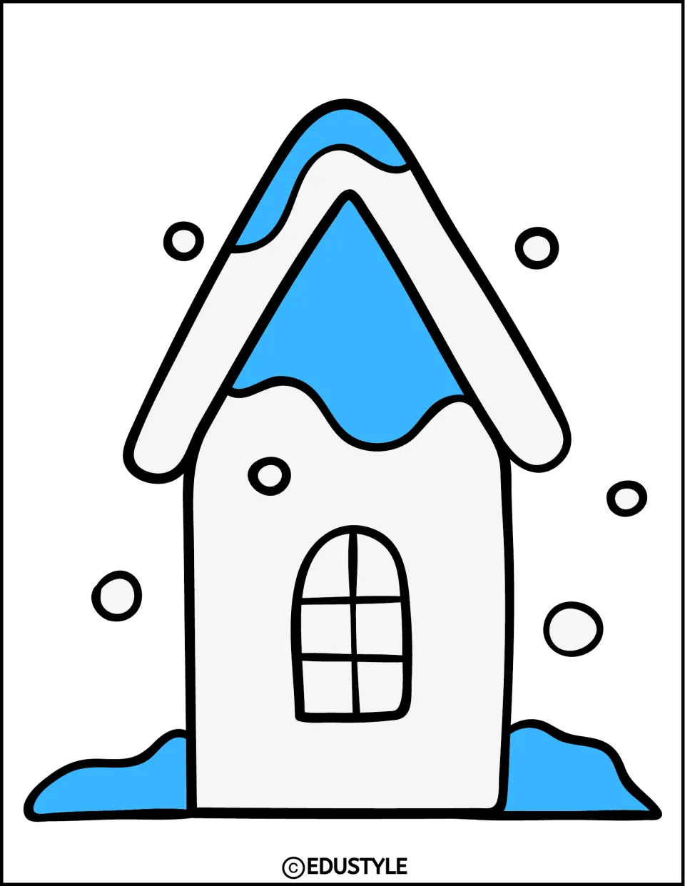 Winter display decoration showing a complete snow-covered house with blue accents and an arched window