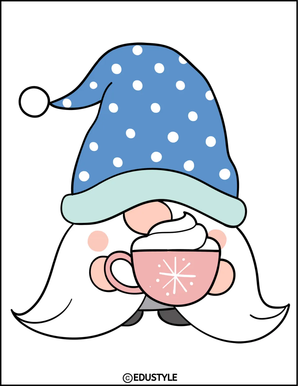 Winter display gnome decoration with a blue polka-dot hat, white beard, and pink mug of whipped-topped cocoa