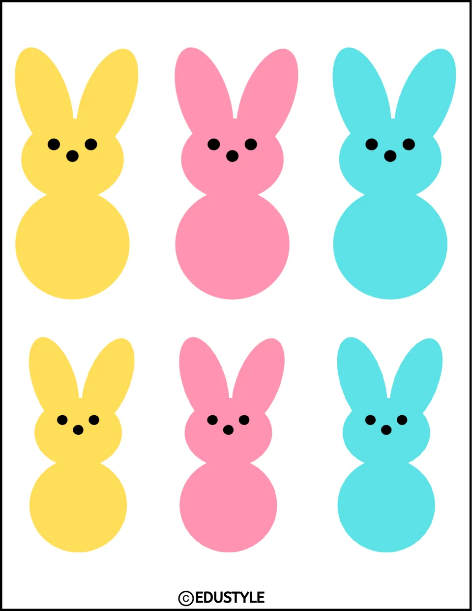 Six bunny cutouts for spring and Easter displays: yellow, pink, and turquoise, each shown in two sizes