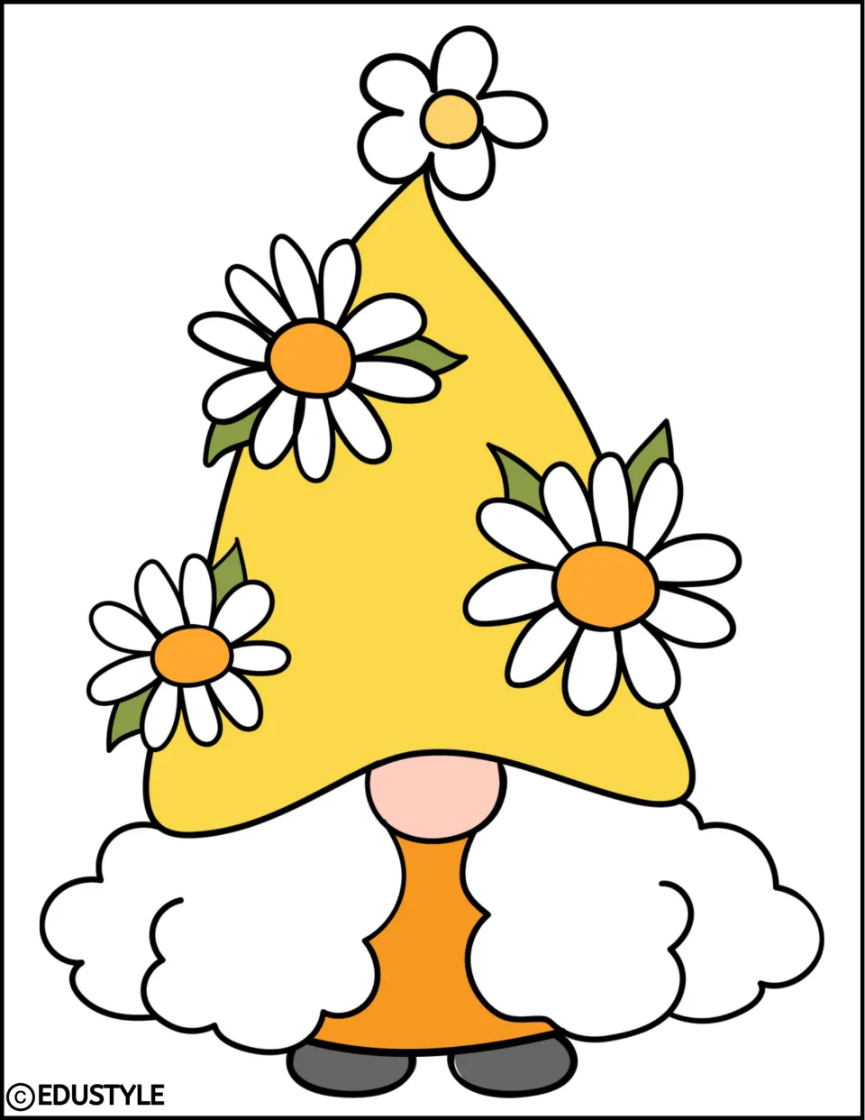 Full-page gnome cutout for spring decor, wearing a yellow hat decorated with daisies and an orange outfit