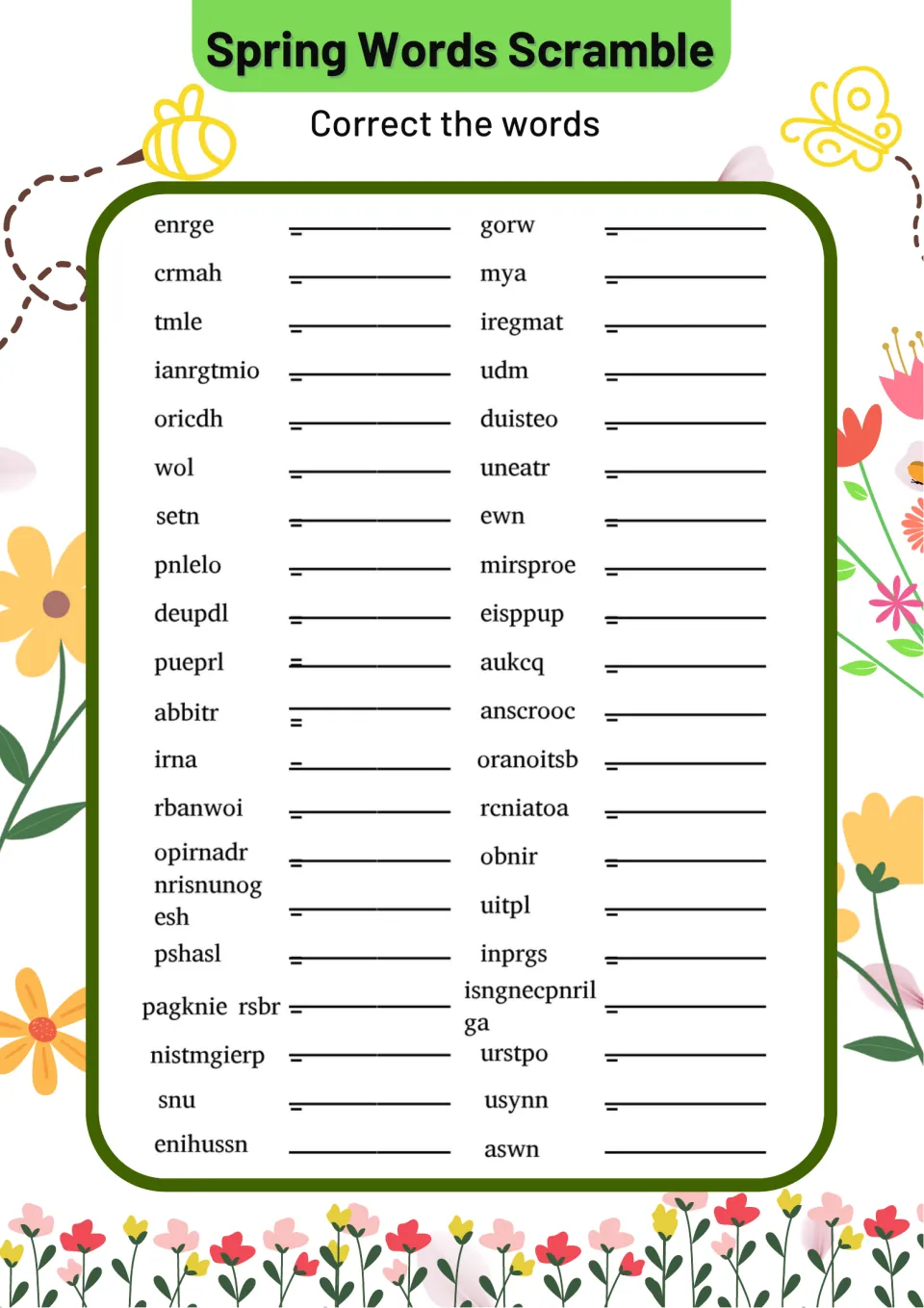 Spring Words Scramble: students unscramble 40 spring words such as enrge, crmah and wol and write each correctly