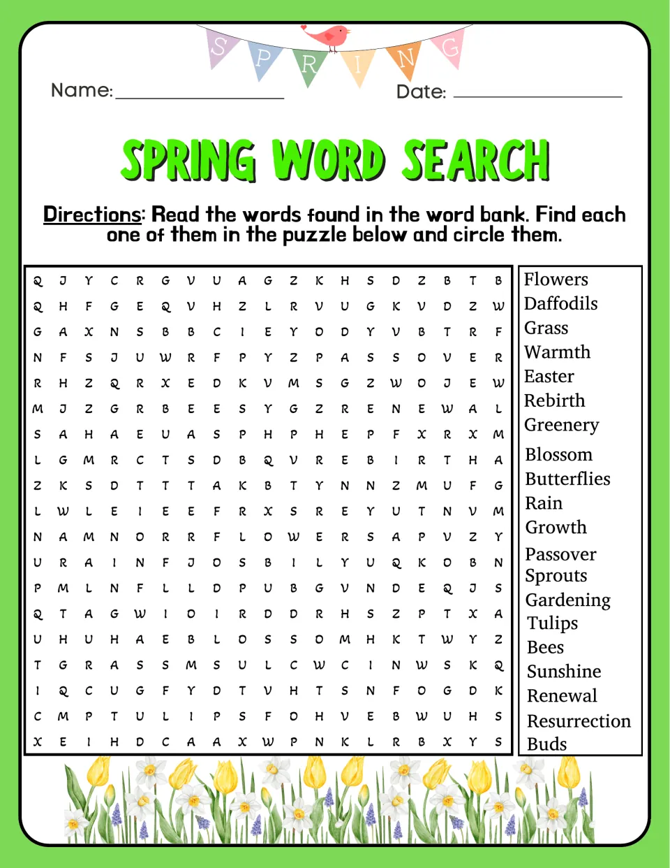 Spring word search: students find and circle words like daffodils, Easter, rebirth, tulips and bees from a word bank