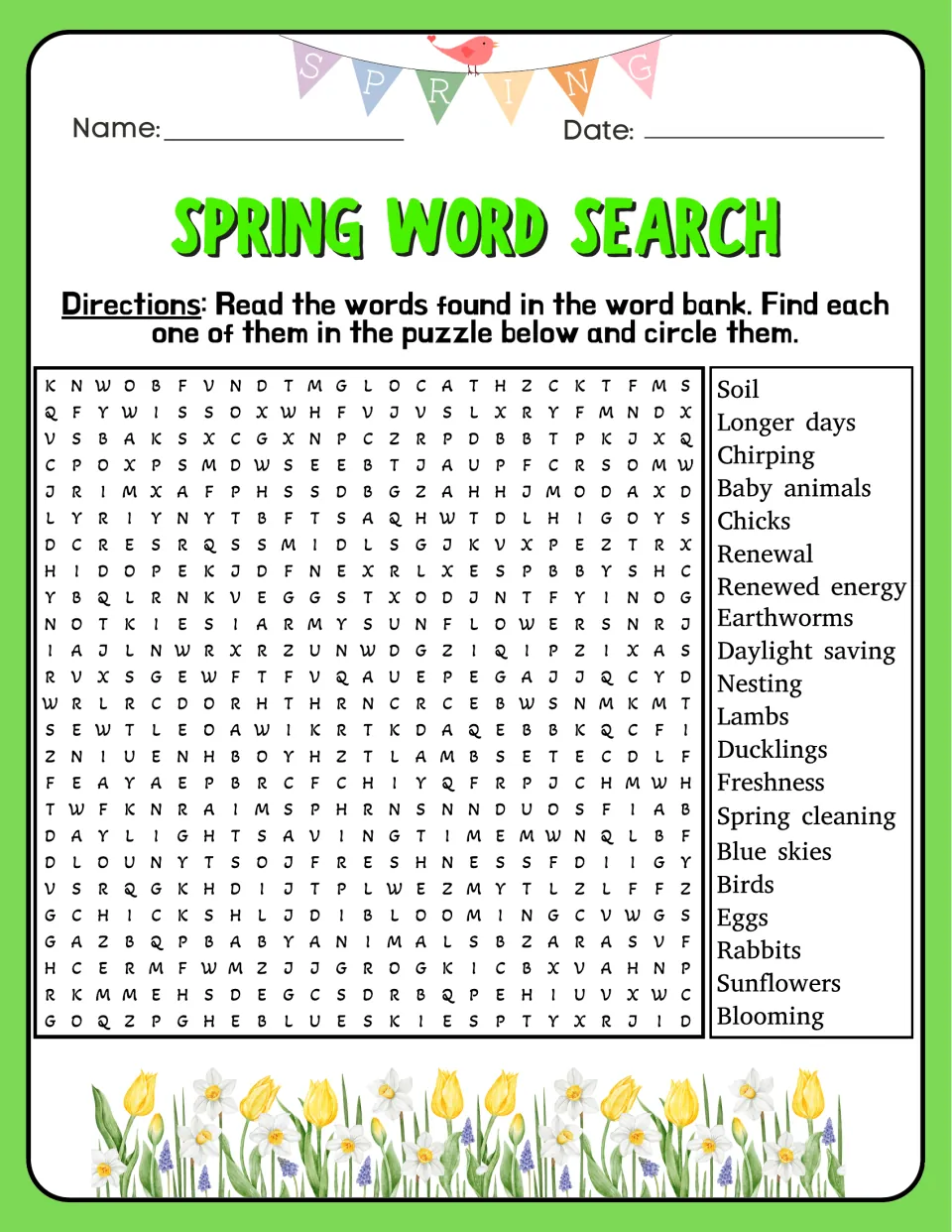 Spring word search on animals and longer days: students circle soil, chicks, lambs, ducklings, nesting and daylight saving