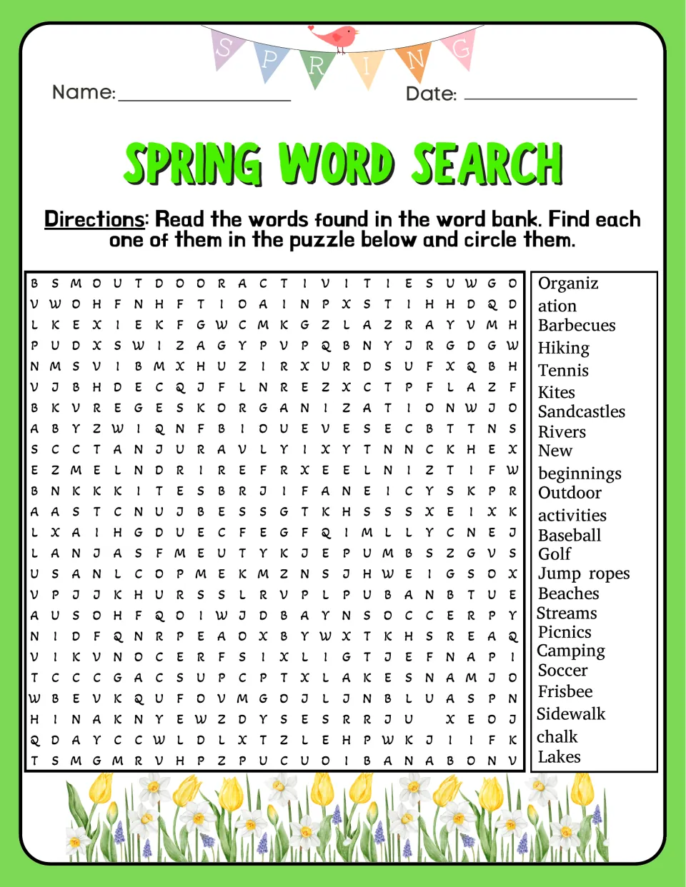 Spring outdoor activities word search: students locate hiking, kites, sandcastles, baseball, picnics and sidewalk chalk