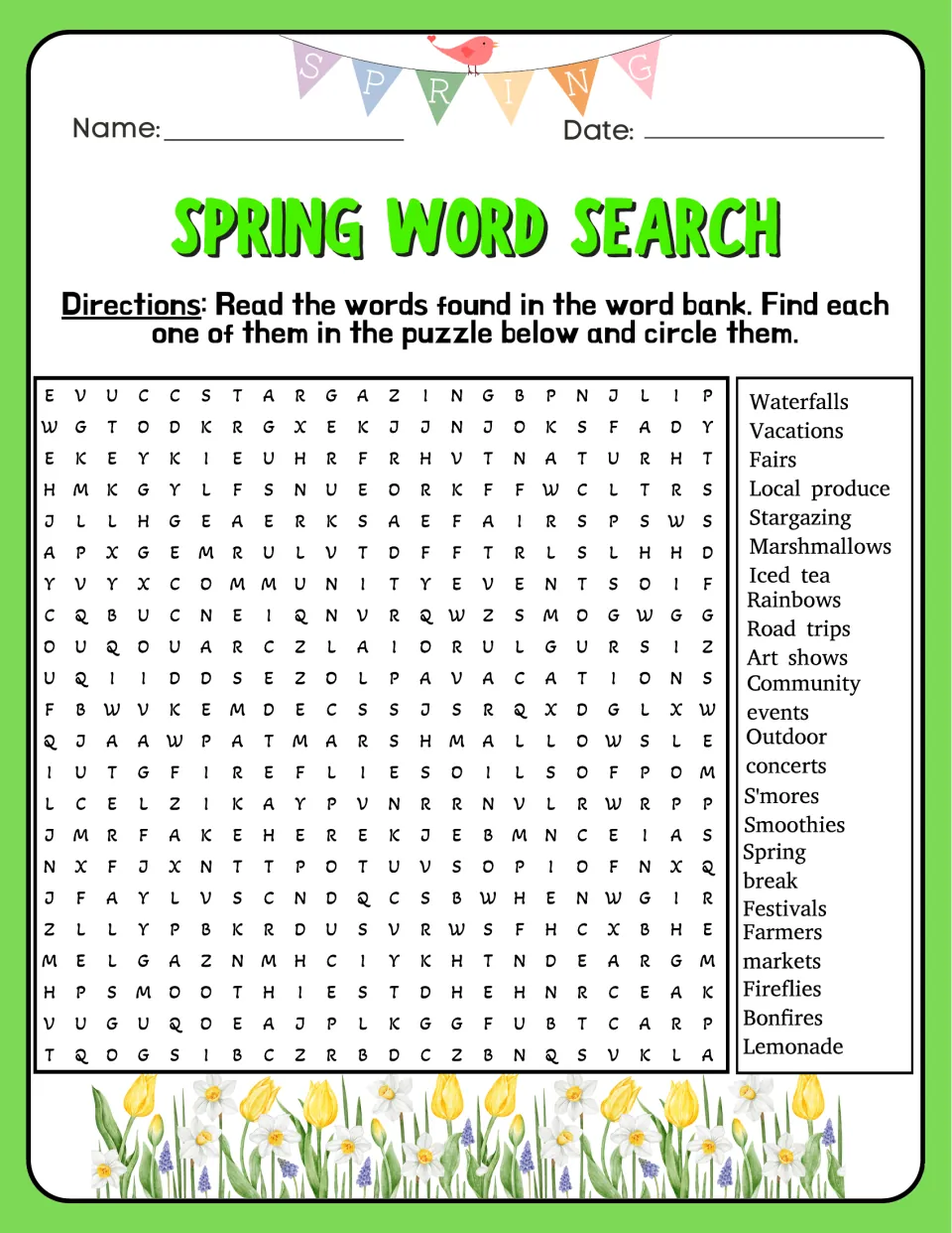 Spring events word search: students hunt for waterfalls, stargazing, road trips, farmers markets, fireflies and lemonade