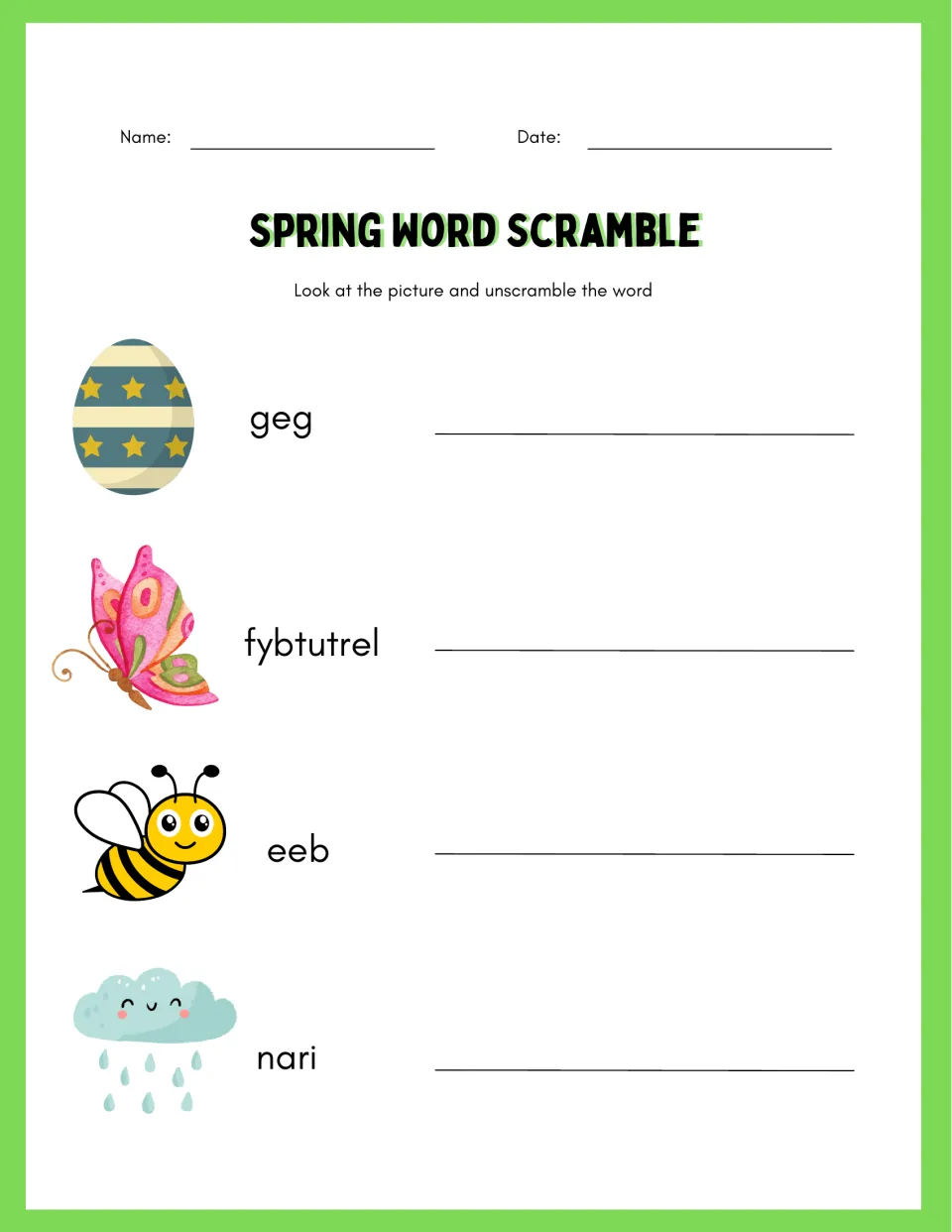 Spring word scramble: students use egg, butterfly, bee and rain cloud pictures to unscramble geg, fybtutrel, eeb, nari