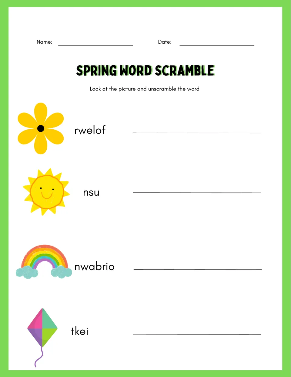 Spring word scramble: students unscramble rwelof, nsu, nwabrio and tkei using flower, sun, rainbow and kite picture clues