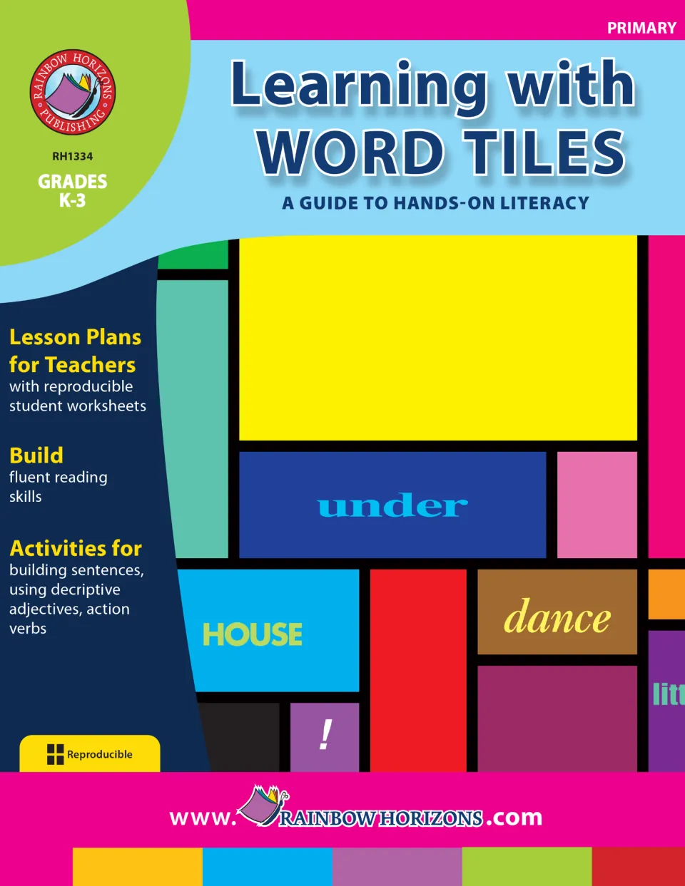 Learning with Word Tiles cover: lesson plans and student worksheets for building sentences, adjectives and action verbs