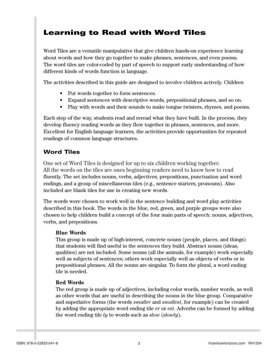 Teaching notes on word tiles: how the set covers parts of speech, with blue nouns and red adjectives explained for teachers