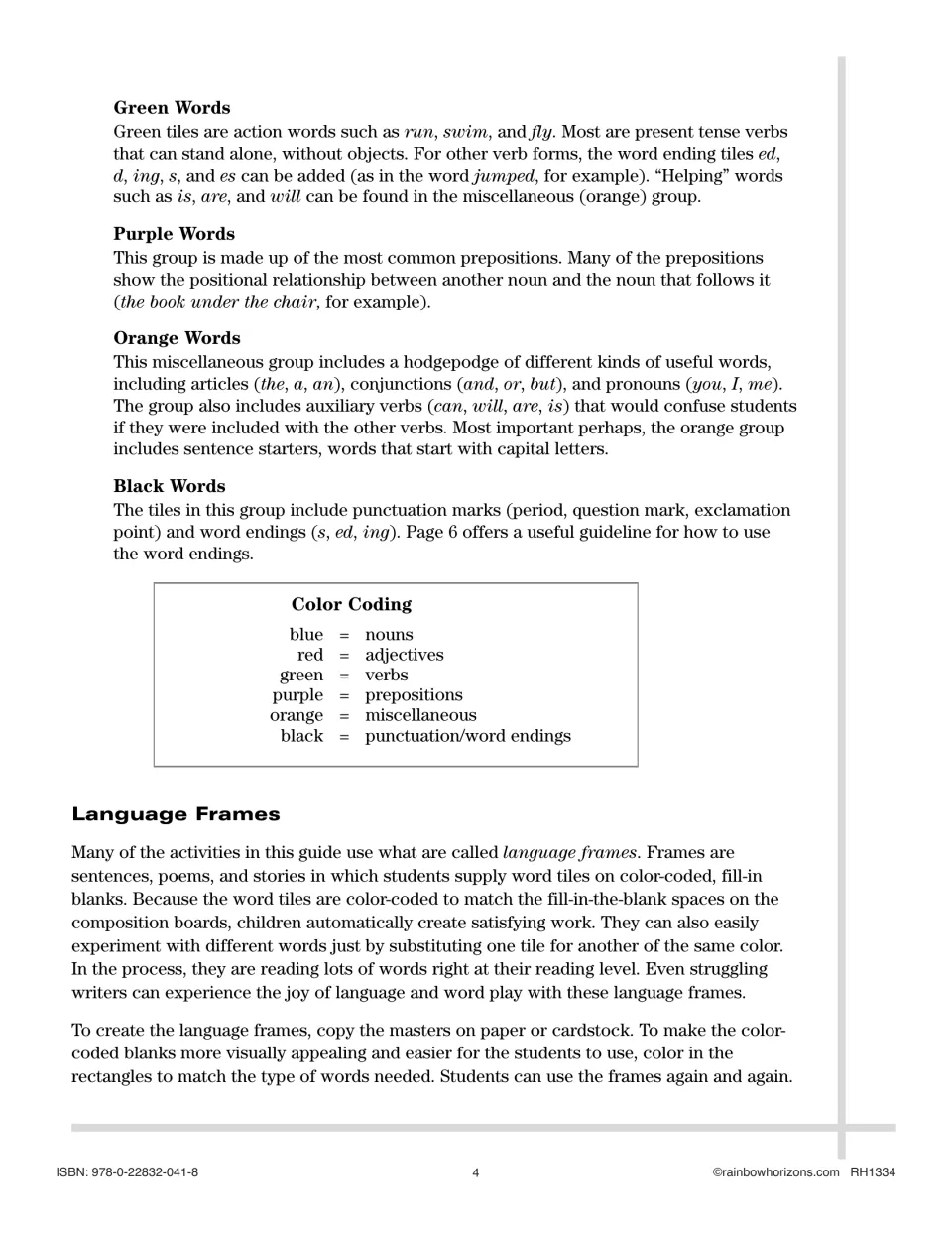 Parts of speech color code: green verbs, purple prepositions, orange and black tiles, plus how to set up language frames