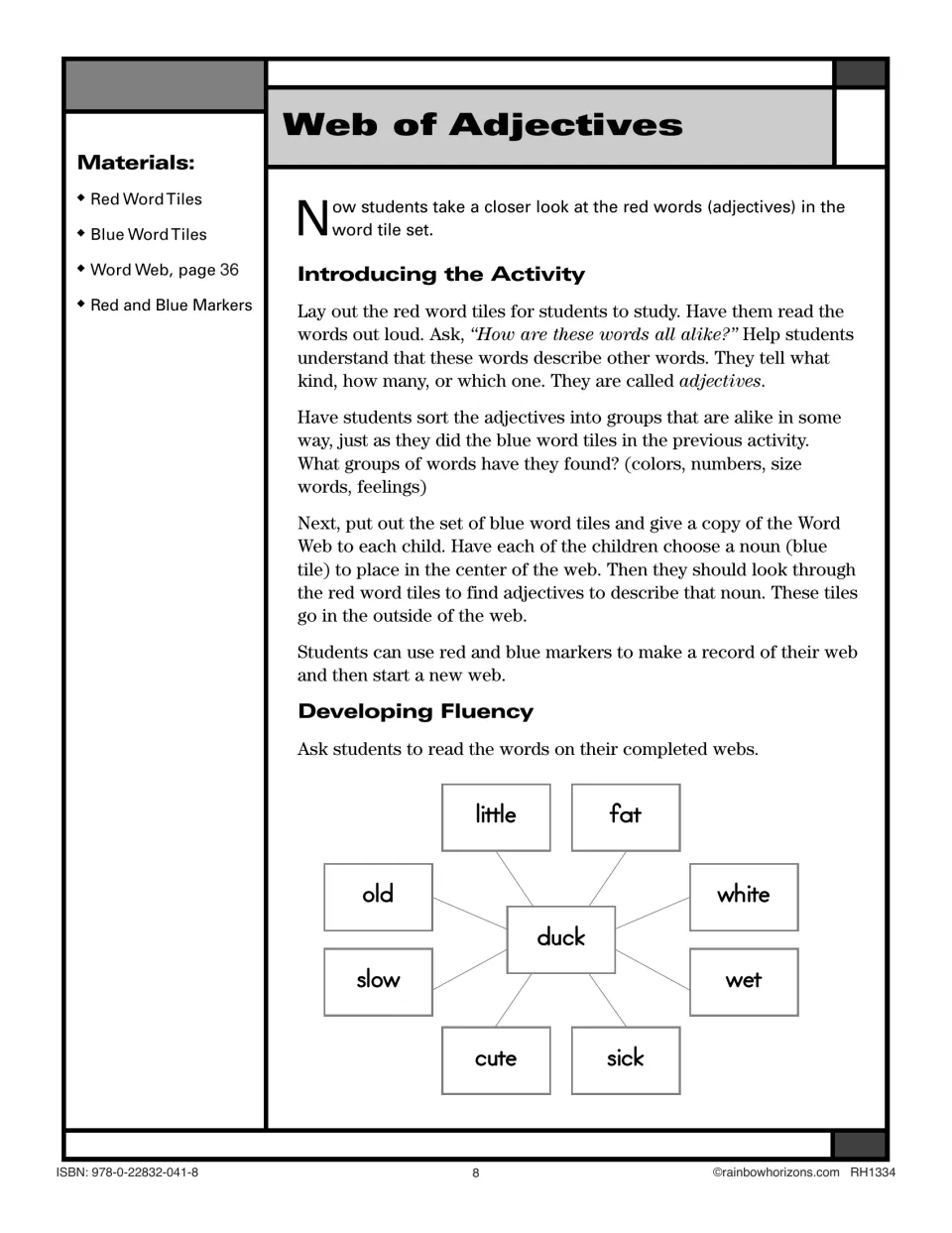 Web of Adjectives: students surround a noun tile like duck with adjective tiles such as little, fat, old and wet
