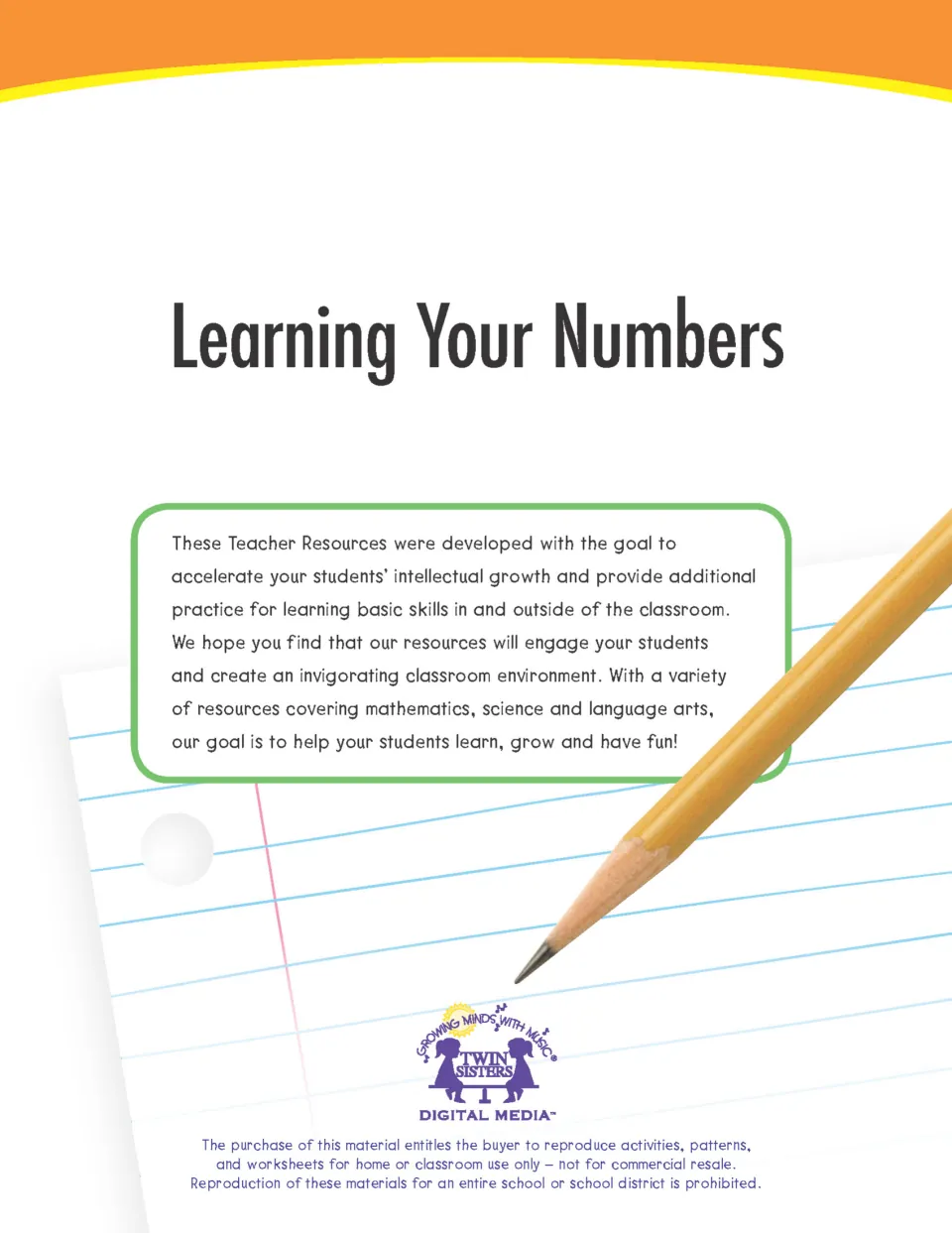 Cover of Learning Your Numbers Activity Book, with an introduction to the teacher resources and copying terms