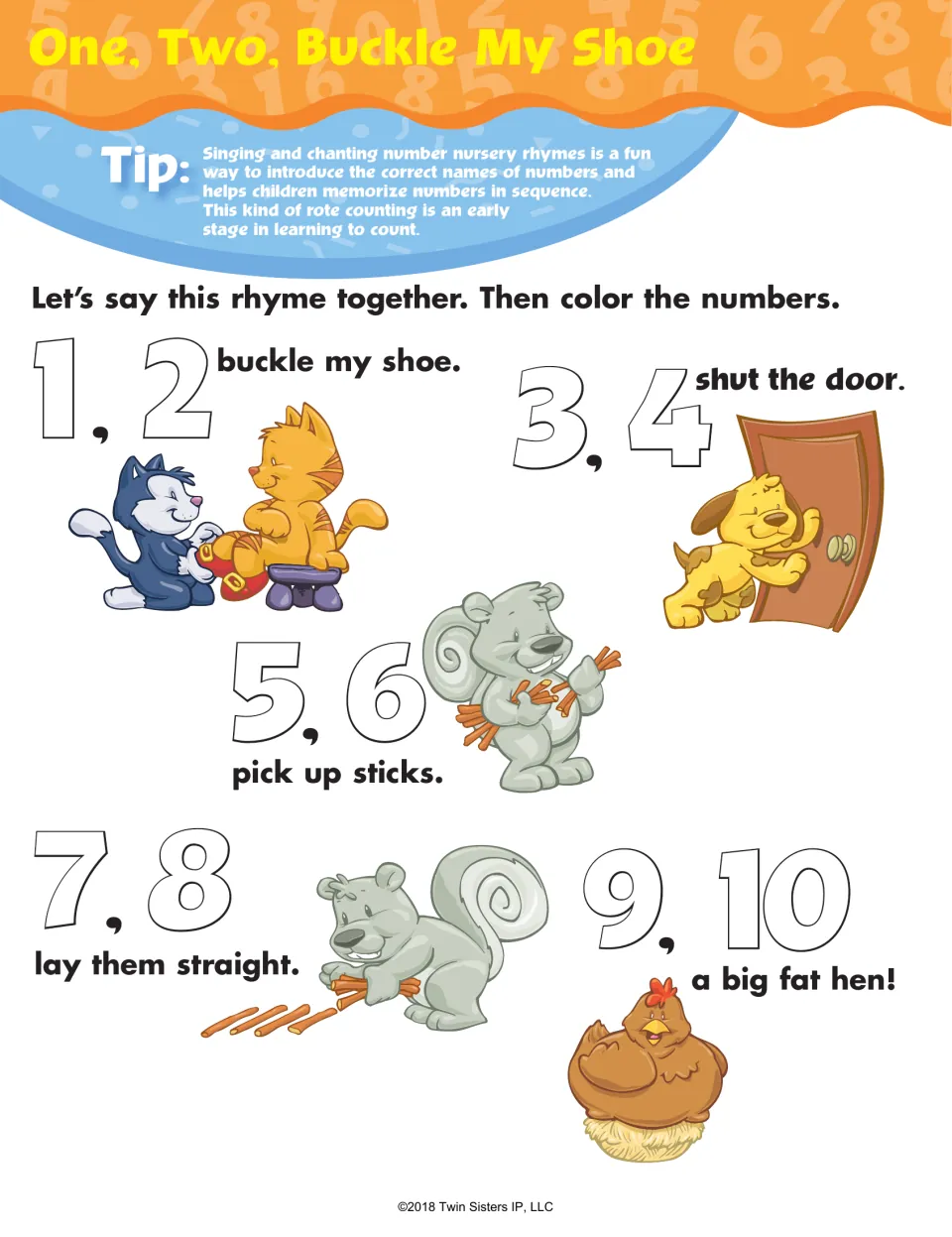 Counting rhyme activity: say “One, Two, Buckle My Shoe” together, then color the numerals from 1 to 10