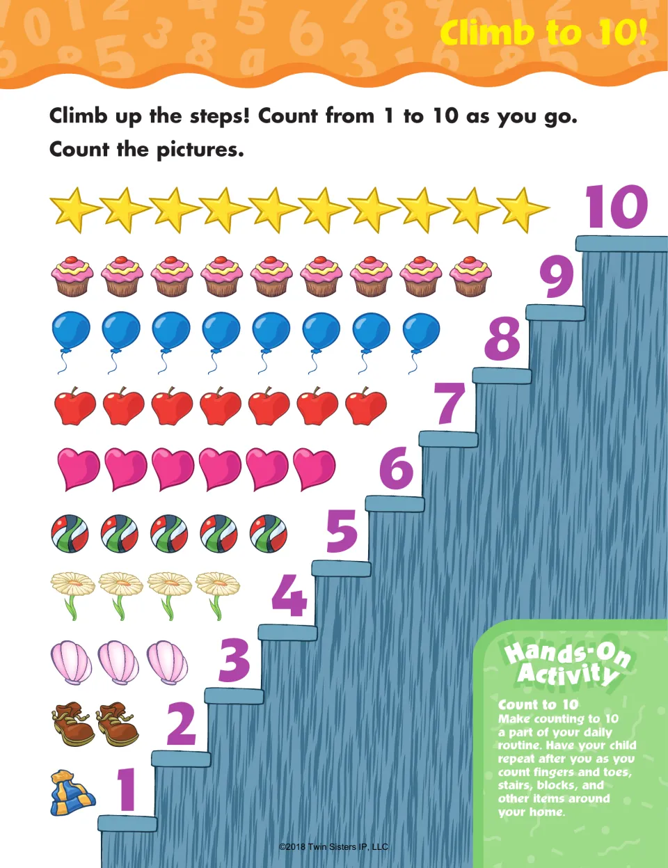 Counting activity “Climb to 10!” pairs steps numbered 1–10 with picture groups for children to count