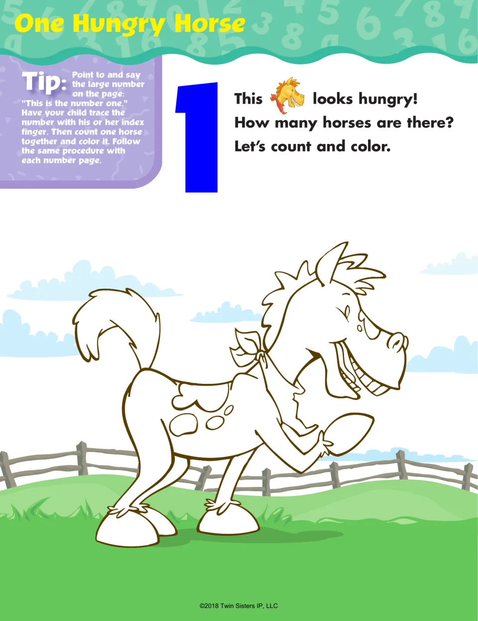 Number 1 activity “One Hungry Horse” asks children to count and color one horse and finger-trace the numeral