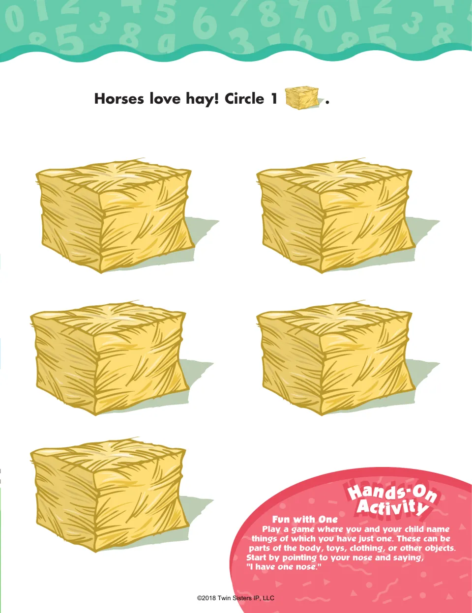 Number 1 follow-up asks children to circle one of five hay bales and name things they have just one of