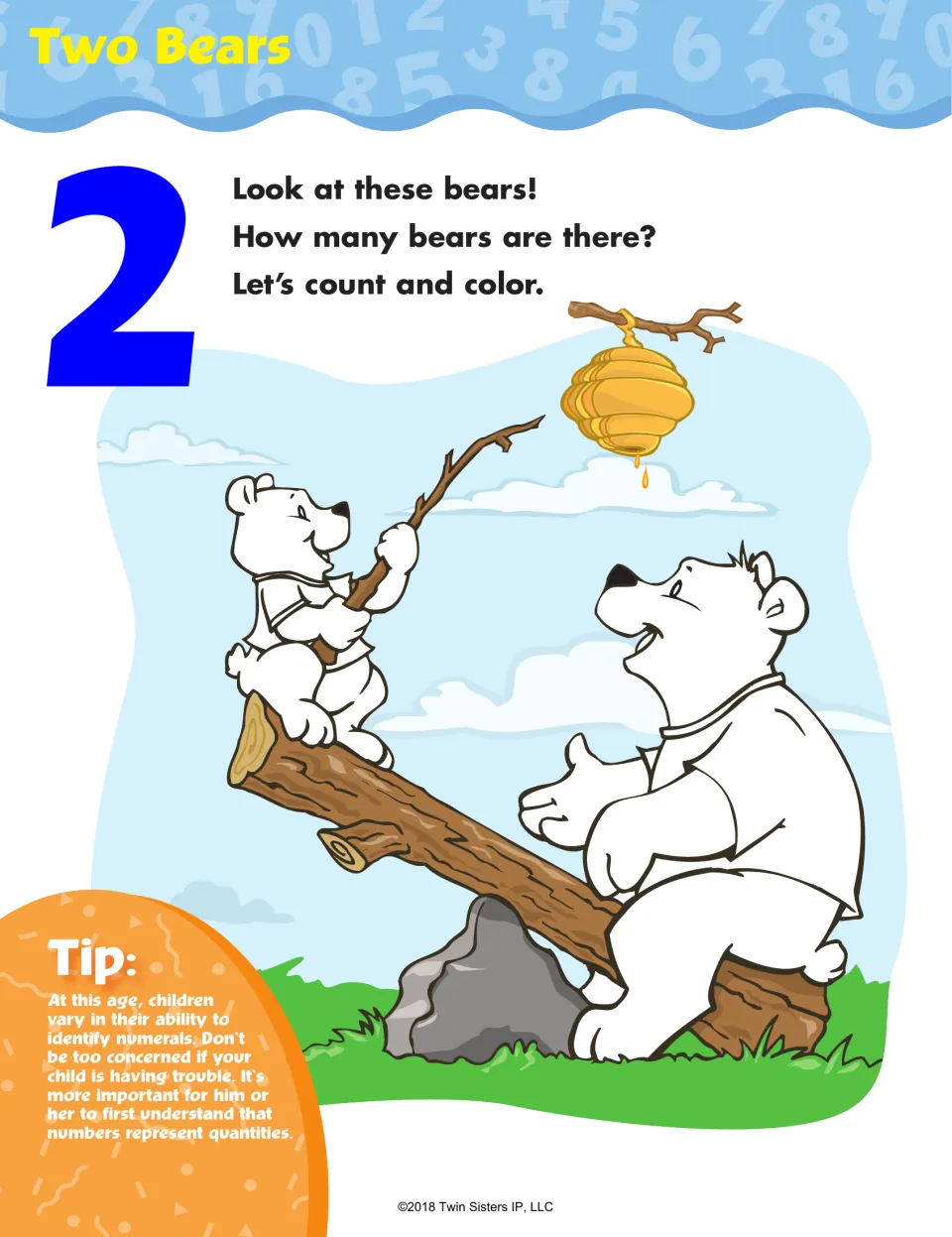 Number 2 activity “Two Bears” asks children to count and color two bears, with a tip on understanding quantities