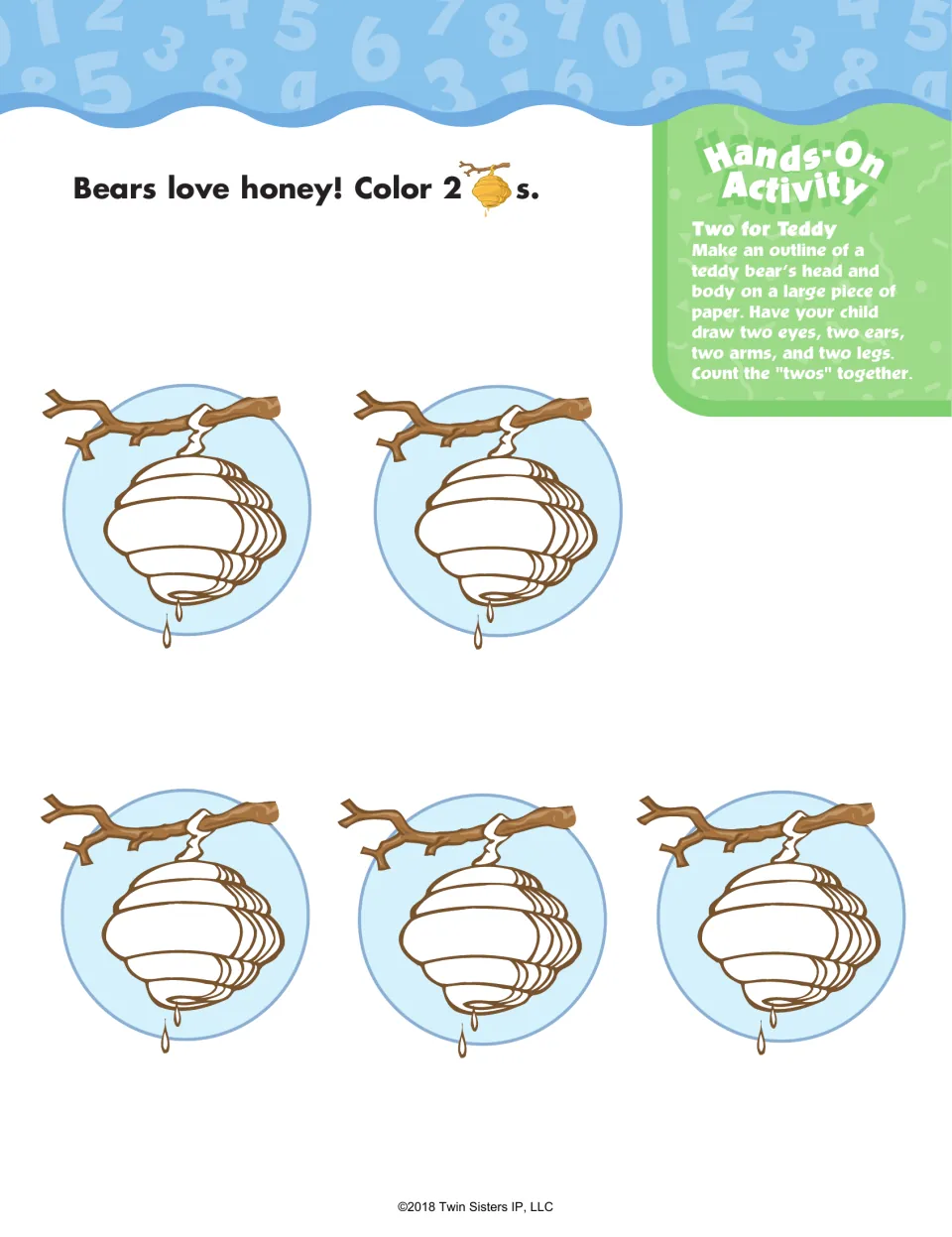 Number 2 follow-up asks children to color two of five beehives and draw paired body parts on a teddy bear