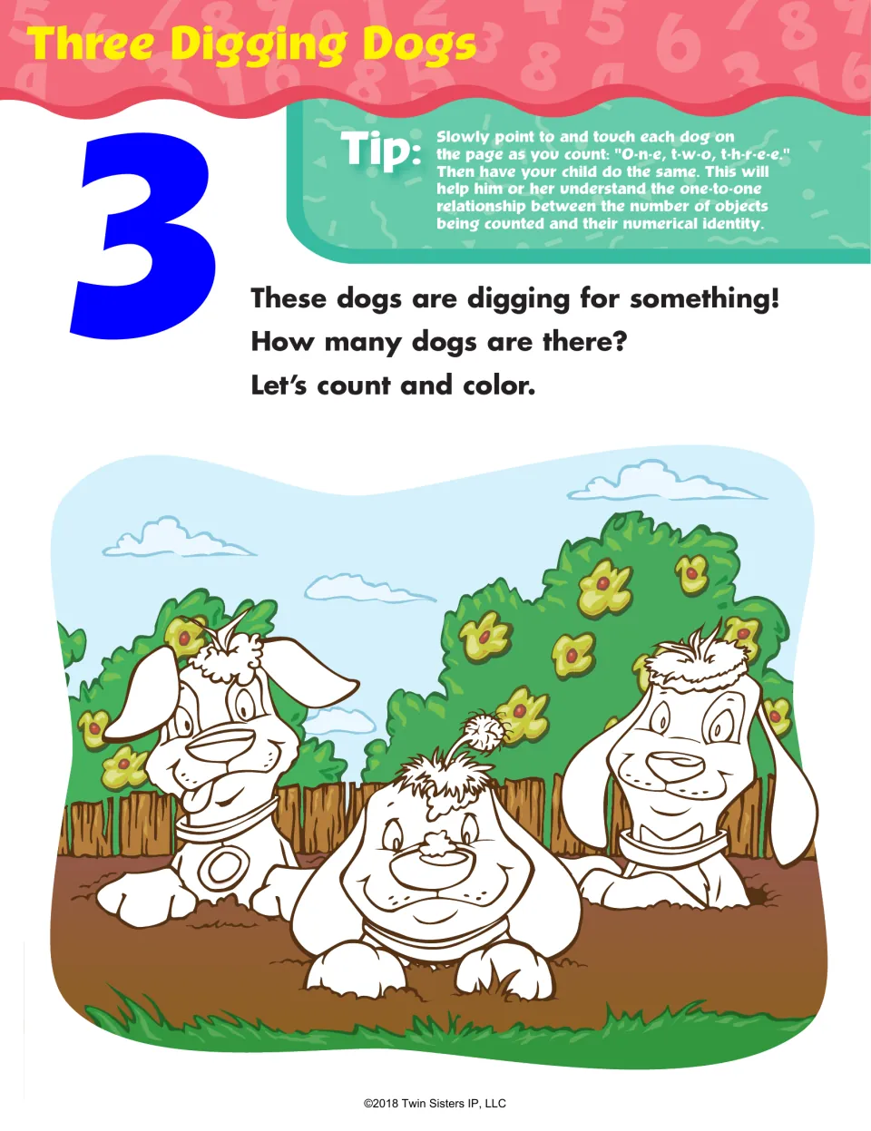 Number 3 activity “Three Digging Dogs” asks children to count and color three dogs, touching each as they count