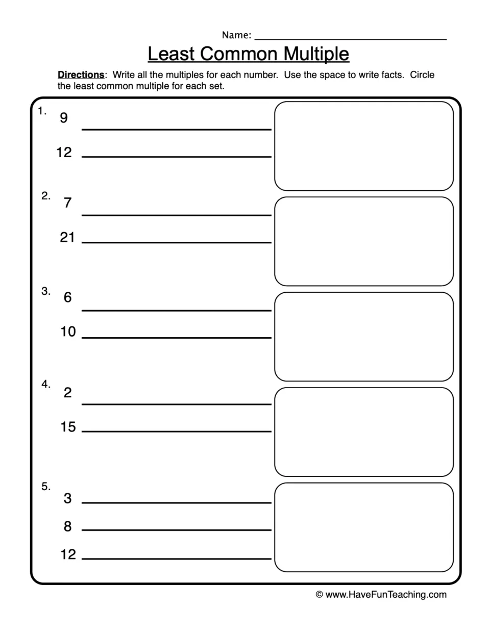 Least common multiple practice: list multiples for 9 and 12, 7 and 21, 6 and 10, 2 and 15, and 3, 8, 12.