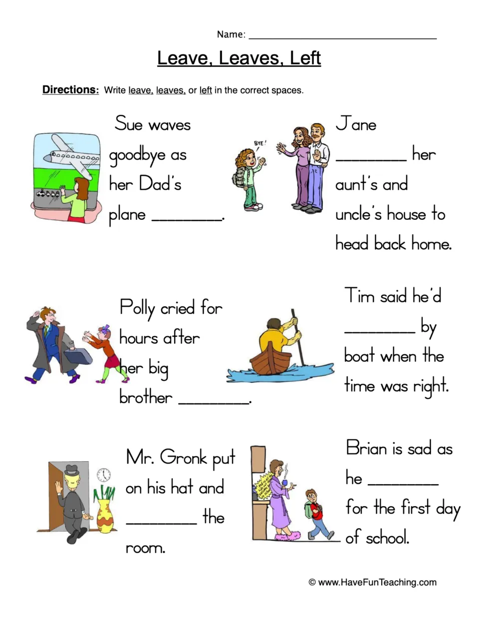 Leave, leaves, left verb forms: students write the correct word to complete six illustrated sentences about departures