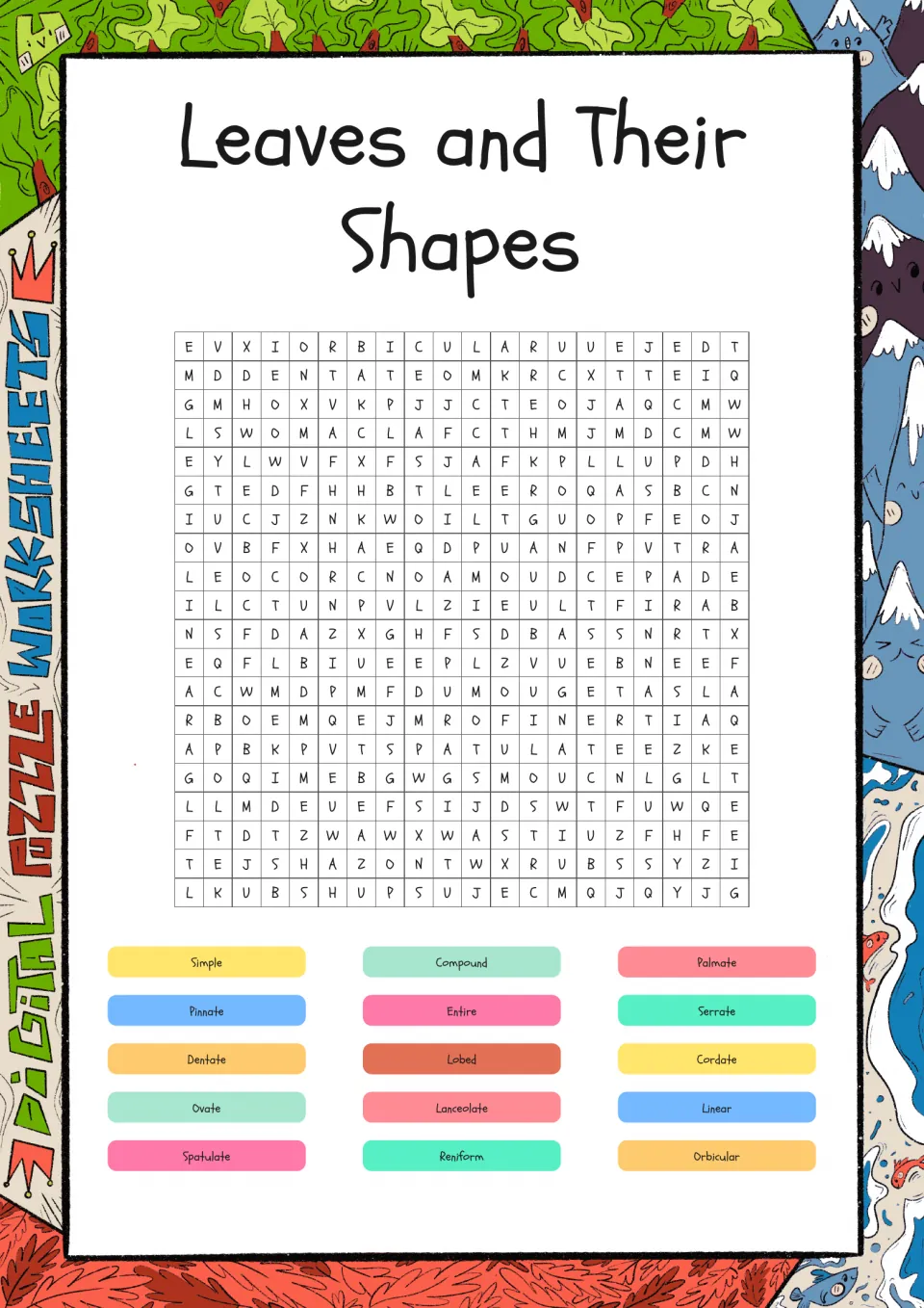 Leaf shapes word search: students find 15 botany terms such as palmate, serrate, lobed, cordate, ovate and reniform