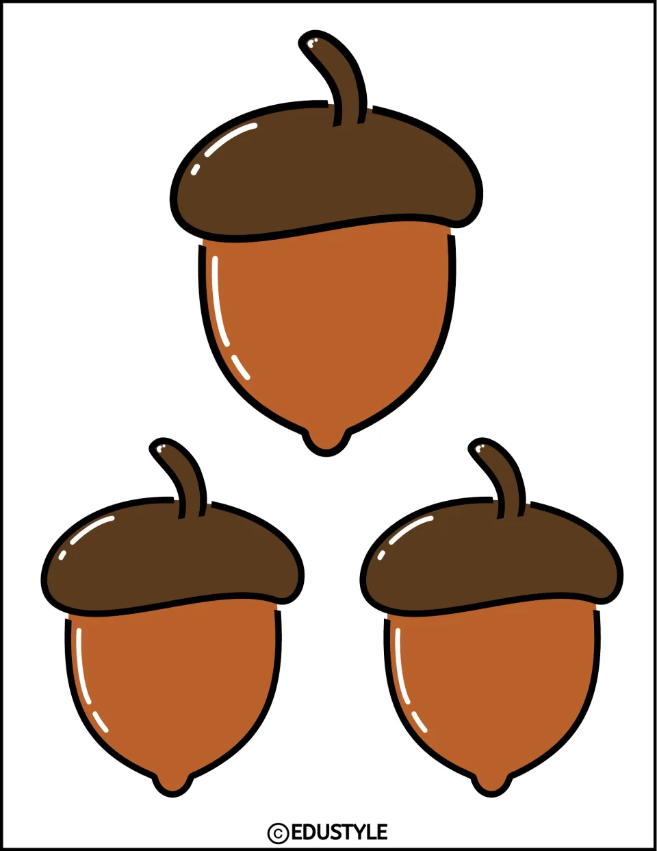 Three brown acorn cutouts with dark brown caps, seasonal pieces for the fall bulletin board and door decor kit