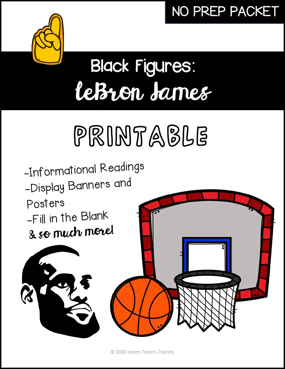 Packet cover introducing LeBron James with a list of readings, display banners, posters, and fill-in-the-blank work