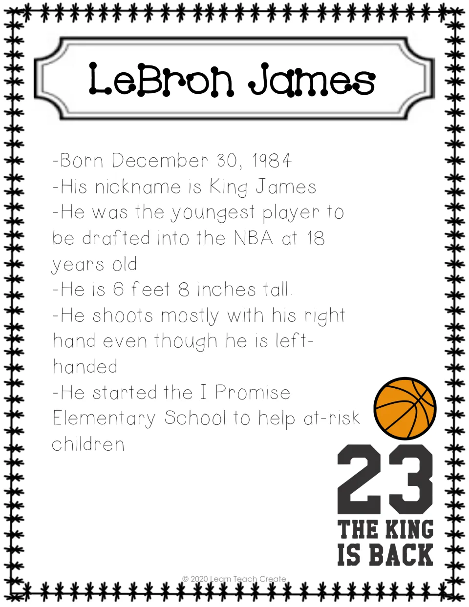 LeBron James fact sheet listing his birthday, nickname, NBA draft age, height, shooting hand, and school