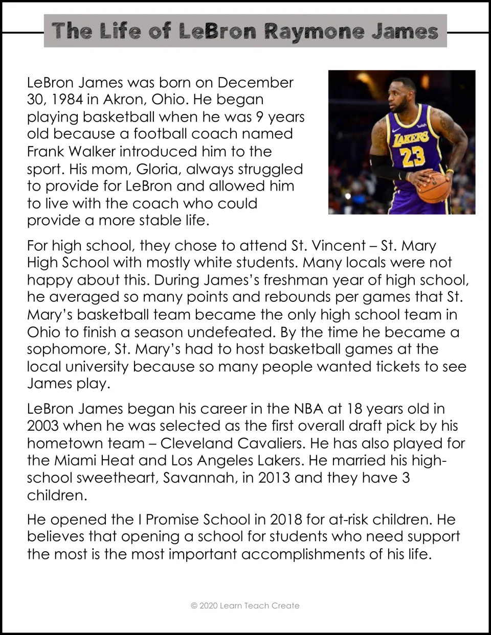 LeBron James biography passage covering his childhood, high school basketball, NBA career, family, and school