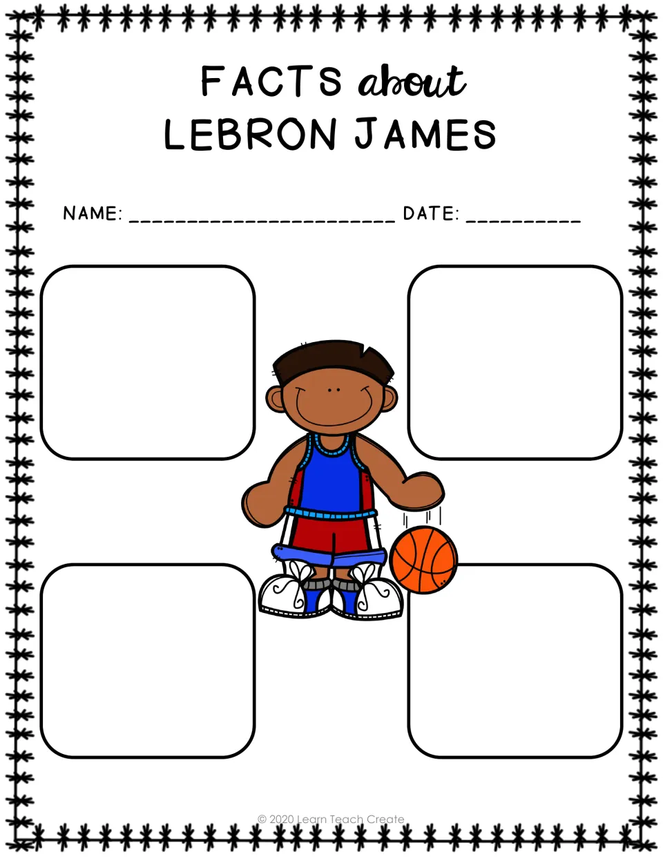 LeBron James fact organizer for recording four facts from the study, shown in the color illustration version