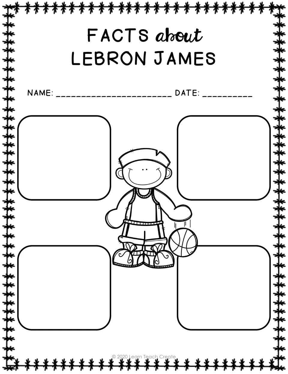 LeBron James fact organizer for recording four facts from the study, shown in the black-and-white version