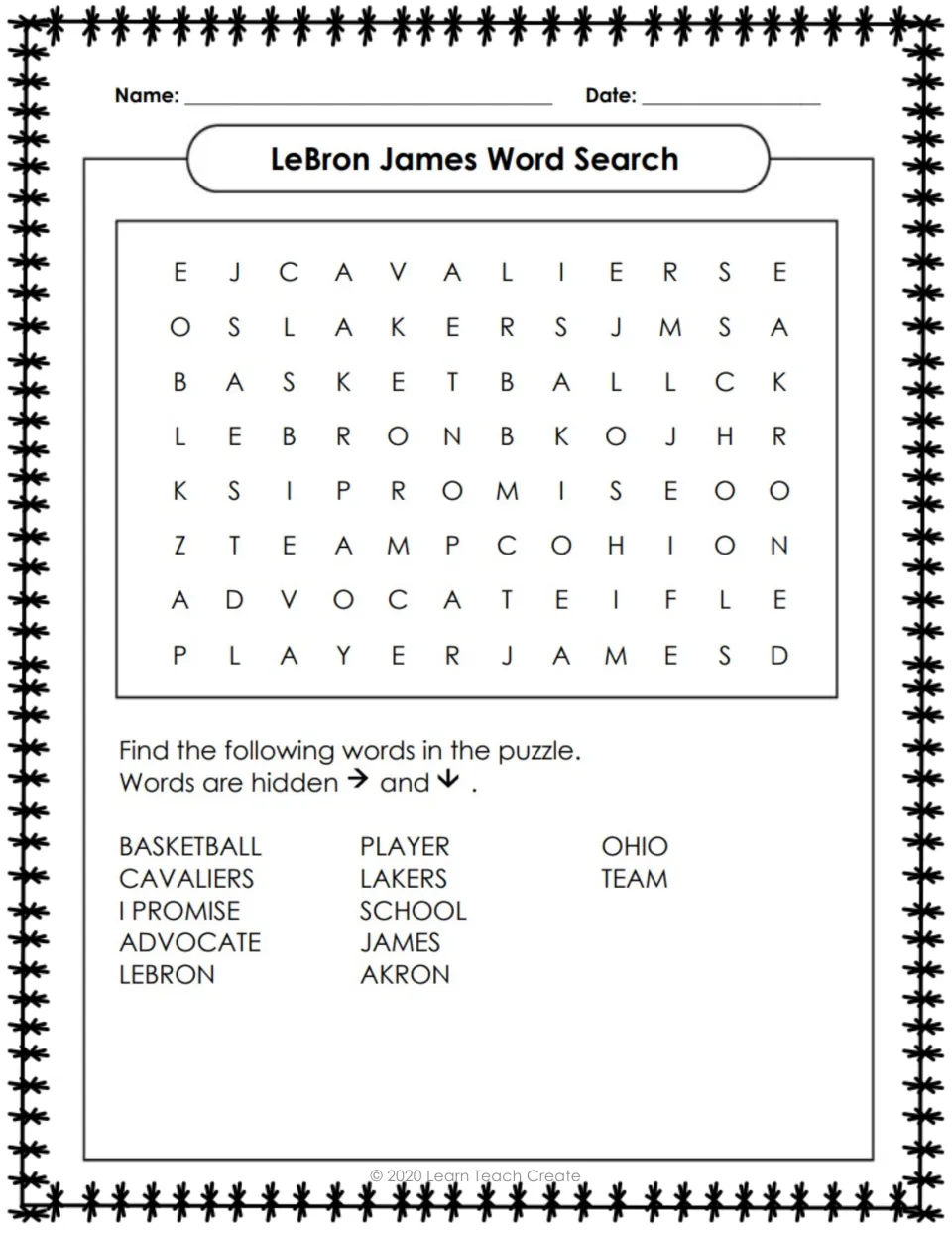LeBron James word search with 12 terms, including basketball, Cavaliers, I Promise, and advocate, hidden right or down