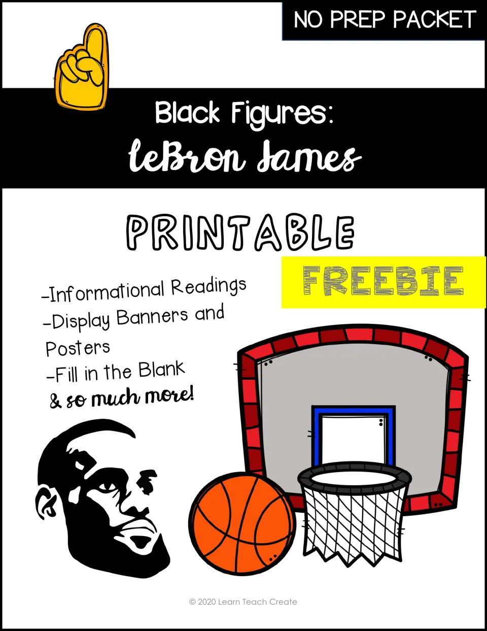 Cover of the LeBron James Black Figures packet, labeled 'No Prep Packet,' 'Printable,' and 'Freebie'