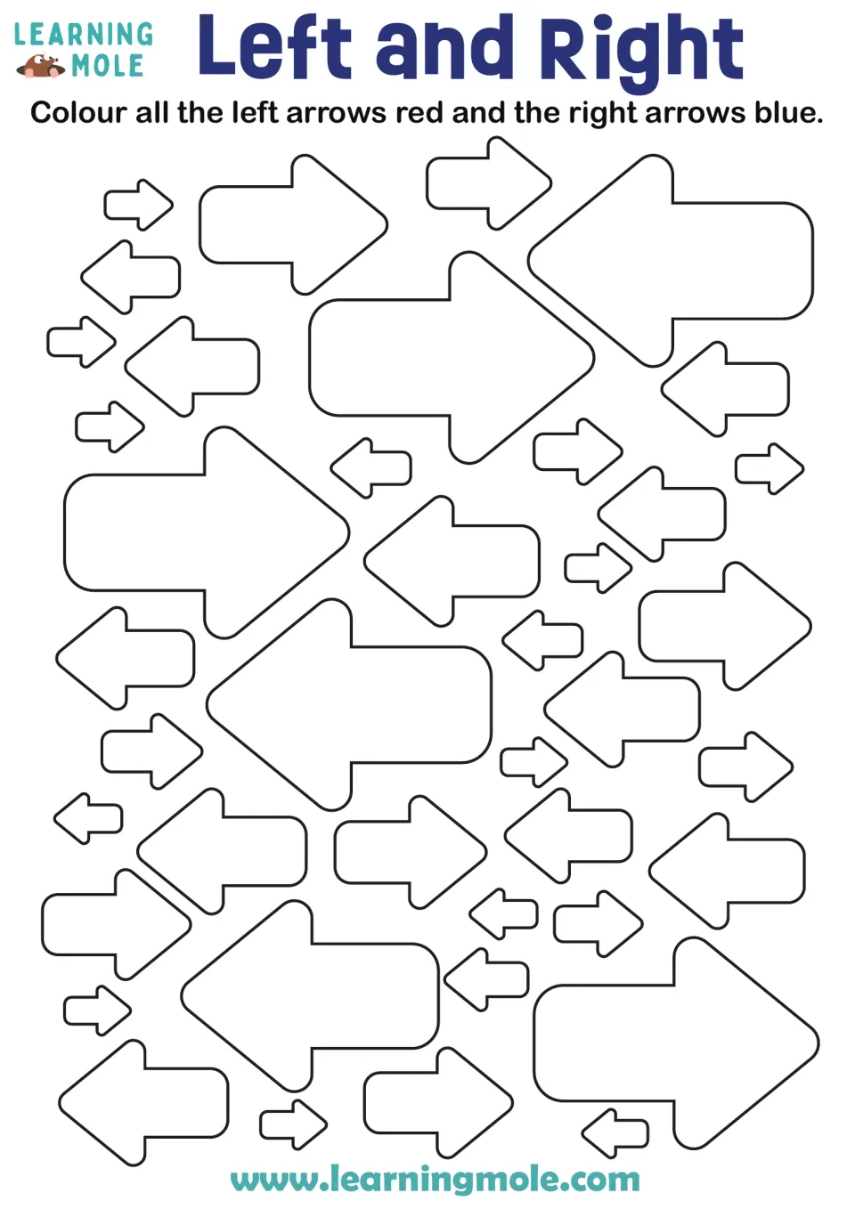 Left and right directions: students colour every left-pointing arrow red and every right-pointing arrow blue