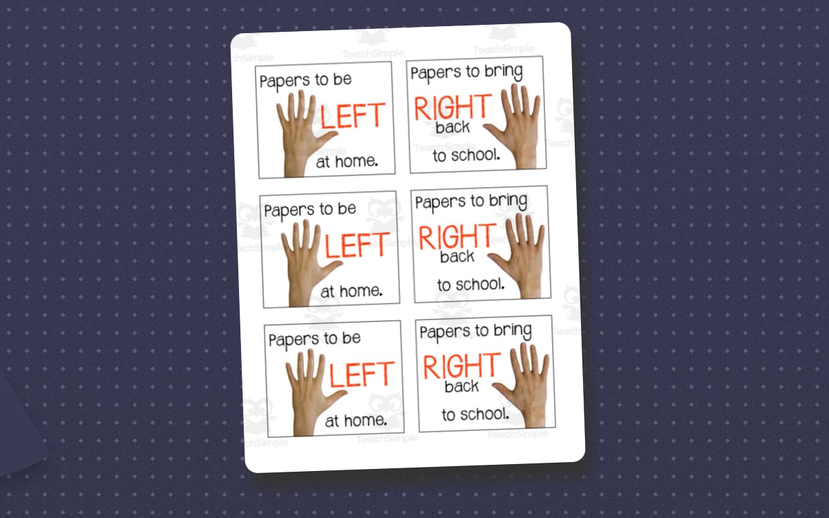 Left and Right Folder Labels cover with two illustrated hands and printable take-home folder labels.