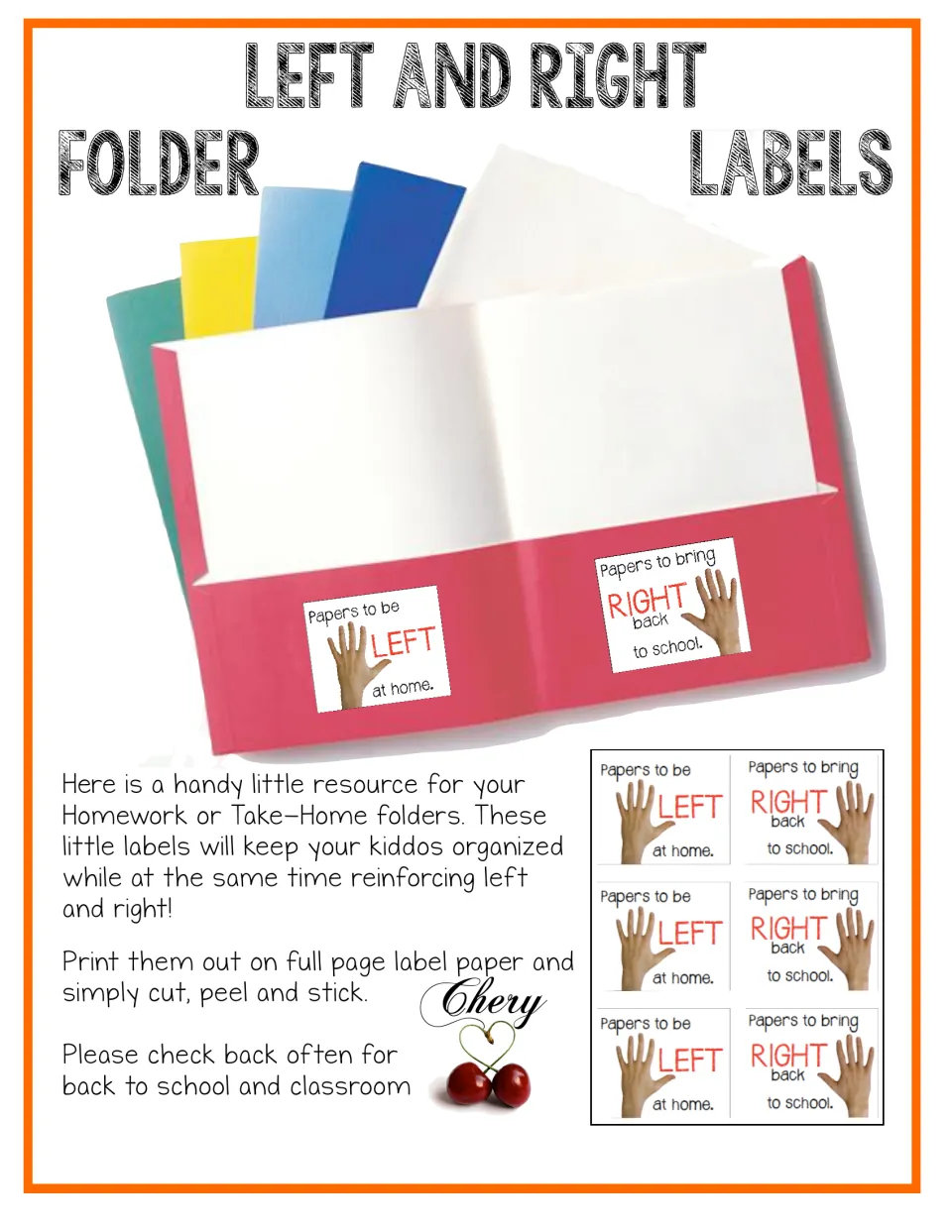 Cover: red pocket folder showing LEFT at home and RIGHT back to school labels, with print, cut, peel and stick directions