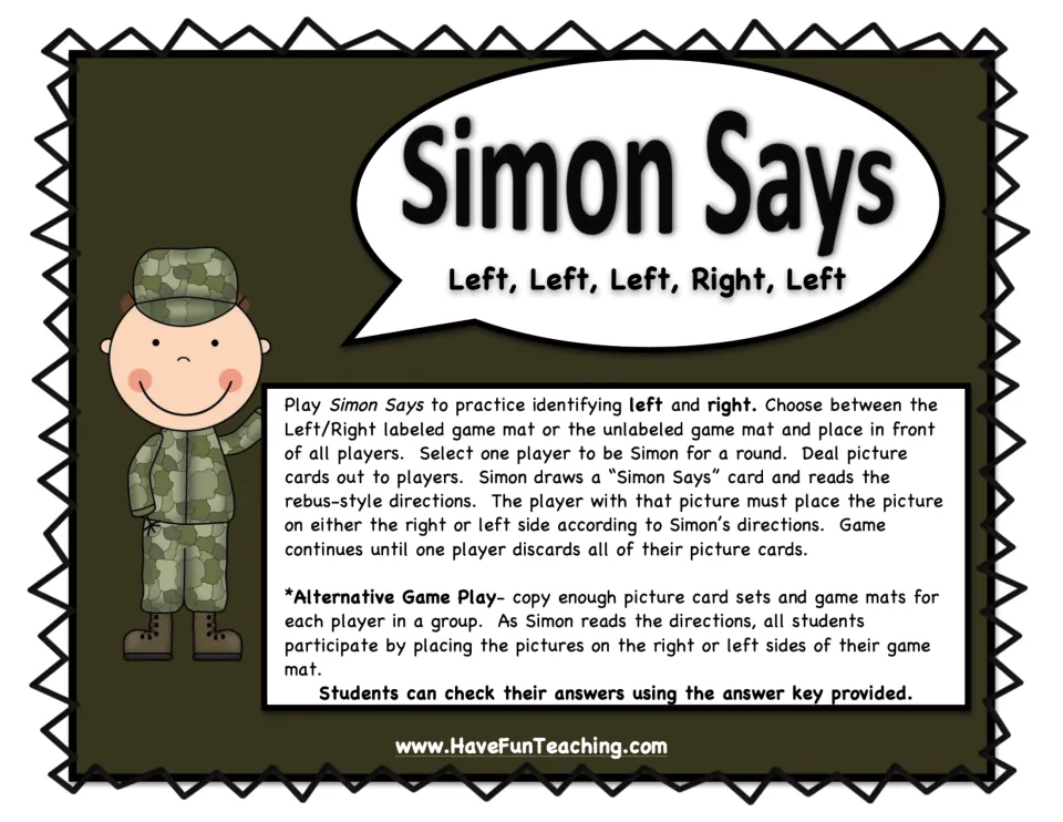 Simon Says: Left, Left, Left, Right, Left cover with game directions for placing picture cards on a left or right game mat