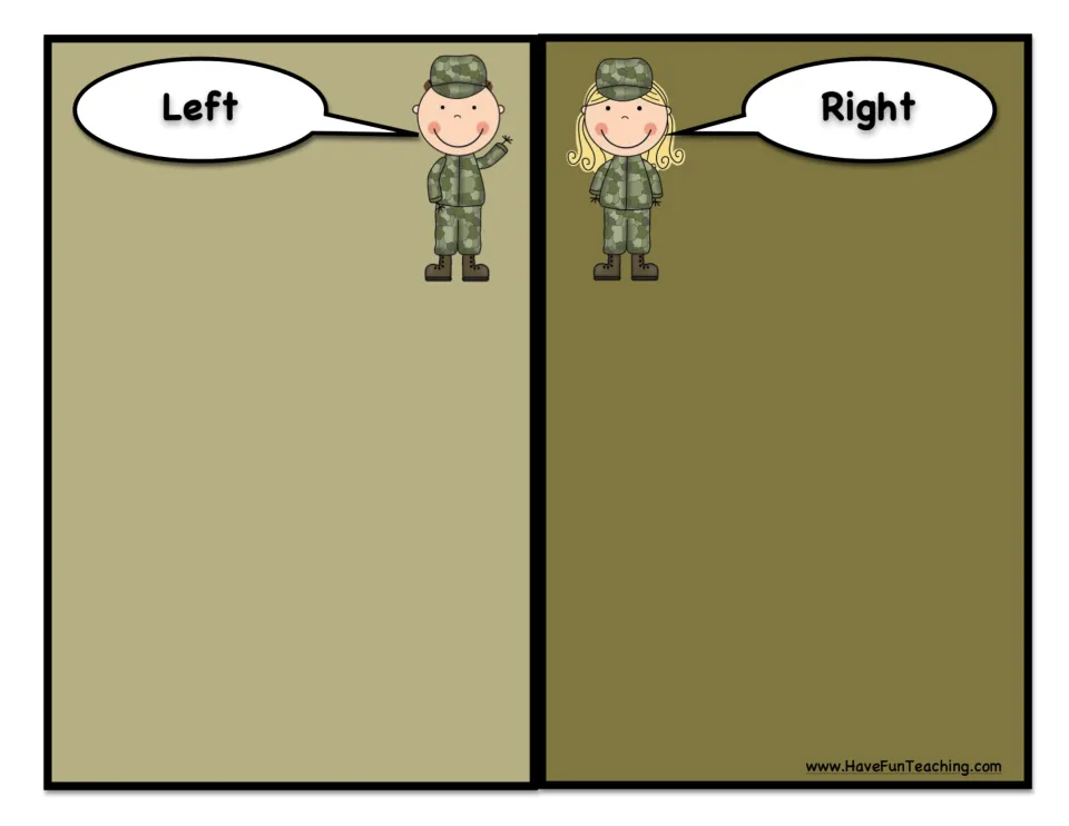 Labeled game mat for left and right: two soldier characters say Left and Right, marking where students place picture cards